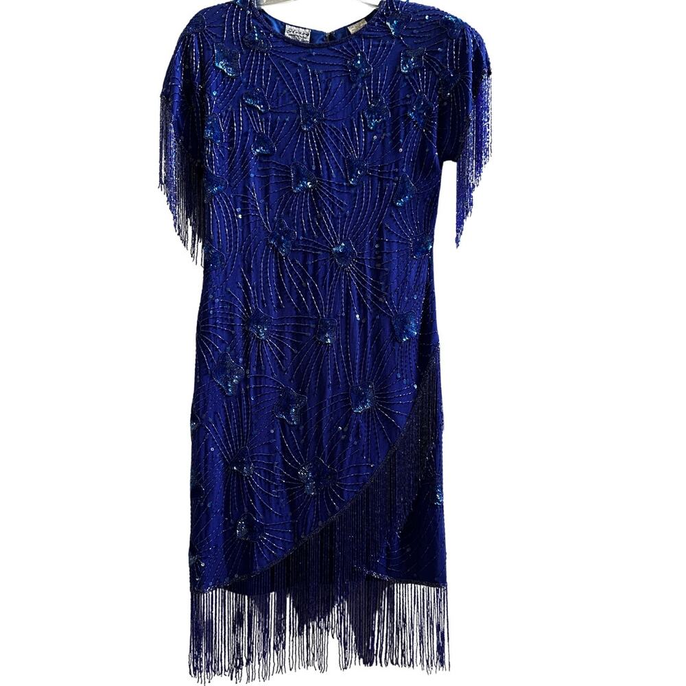 Vintage Stenay Silk Beaded Fringe Shoulder Pad Dress Size 6